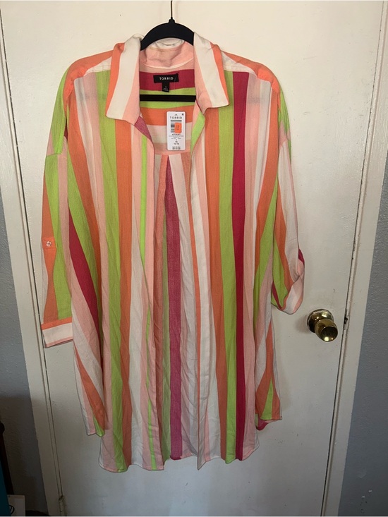 torrid Tops - torrid Coral, Lime & Pink Striped Button-Front Tunic